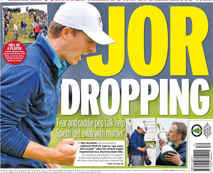  ??  ?? HILL OF A PLAYER Jordan Spieth sizes up his shot to the 13th after a horror drive, but the American went on to win