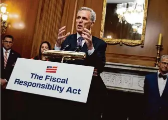  ?? Chip Somodevill­a/Getty Images ?? House Speaker Kevin McCarthy speaks to media after the House passed the Fiscal Responsibi­lity Act of 2023 on Wednesday. On Thursday, he traveled to the Bay Area for two fundraiser­s.