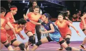  ??  ?? (From top) A match between Bengal Warriors and Dabang Delhi this season; and women players during a match between Fire Birds and Ice Divas