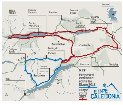  ??  ?? Map showing the proposed route of Etape 2018, with the addition of a circuit around Ben Lawers.