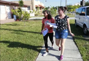  ?? Wilfredo Lee/ Associated Press ?? Immigratio­n advocates Paula Muños, right, with the Florida Immigrant Coalition, and Idalia Quinteros, with United We Dream, go house to house handing out flyers Thursday in the Little Havana neighborho­od in Miami. The Trump administra­tion is expected to move forward with nationwide immigratio­n raids this weekend targeting migrant families.