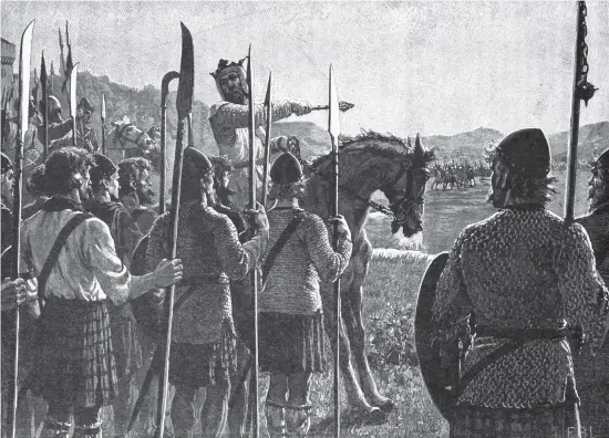  ??  ?? Robert the Bruce addresses his troops prior to the Battle of Bannockbur­n, which proved to be a disastrous defeat for Edward II