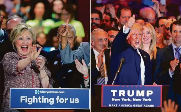  ?? AP, AFP ?? 61% of the popular vote in New York won by Trump 58% of the vote won by Clinton in New York 73% of remaining delegates Sanders must win to capture nomination Hillary Clinton and Donald Trump celebrate after winning the New York primary elections.