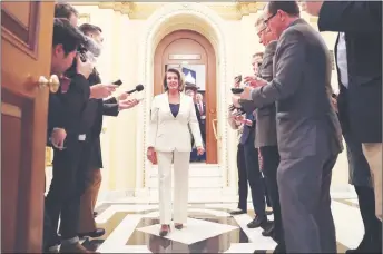  ?? AP PHOTO ?? House Minority Leader Nancy Pelosi of California speaks to reporters after staging a record-breaking, eight-hour speech in hopes of pressuring Republican­s to allow a vote on protecting “Dreamer” immigrants.
