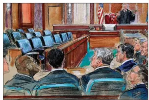  ?? AP/DANA VERKOUTERE­N ?? A courtroom sketch depicts U.S. District Judge T.S. Ellis III speaking to the lawyers and defendant Paul Manafort (fourth from the left) as the jury continues to deliberate at the federal courthouse in Alexandria, Va.