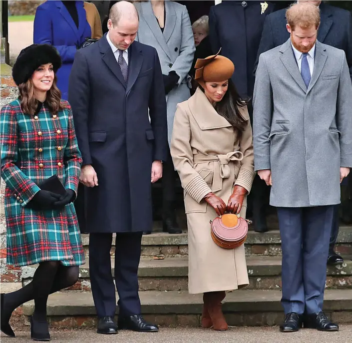  ??  ?? It’s really not that difficult! Kate curtsies and Meghan wobbles while William and Harry bow as the Queen is driven from church at Sandringha­m yesterday