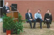  ?? Kevin Myrick/ SJ ?? DAPC President Rachel Rowell speaks to a crowd ahead of the spec building ribbon cutting.