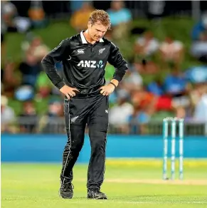  ?? PHOTOSPORT ?? With not many runs to defend it was hard work for Lockie Ferguson and the New Zealand bowlers in Napier.