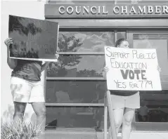  ??  ?? Holding signs outside council chambers, supporters of State Question 779, a move to raise sales tax by 1 percent for education, gathered outside the Edmond City Council chambers before council members approved a resolution to oppose the tax hike.