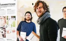  ?? FOTO: TORSTEN THISSEN ?? Tobias Jochinke, Philipp Bilke und Philip Behrend (v.l.) in ihren Räumen an der Oberbilker Allee. Nicht im Bild ist der vierte Mann, Daniel Goll.