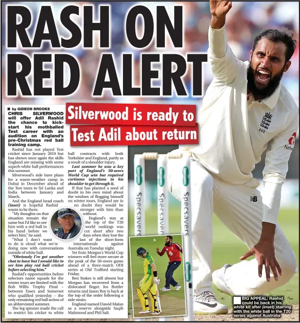  ??  ?? BIG APPEAL: Rashid could be back in his white kit after starring with the white ball in the T20 series against Australia