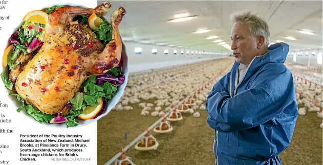  ?? PETER MEECHAM/STUFF ?? President of the Poultry Industry Associatio­n of New Zealand, Michael Brooks, at Pinelands Farm in Drury, South Auckland, which produces free-range chickens for Brink’s Chicken.