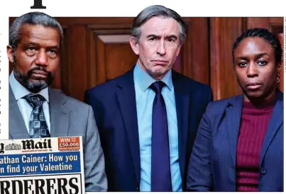  ??  ?? ‘BIZARRE OVERSIGHT’: Steve Coogan with Stephen actors Hugh Quarshie and Sharlene Whyte – and the Daily Mail’s campaignin­g 1997 front page, left