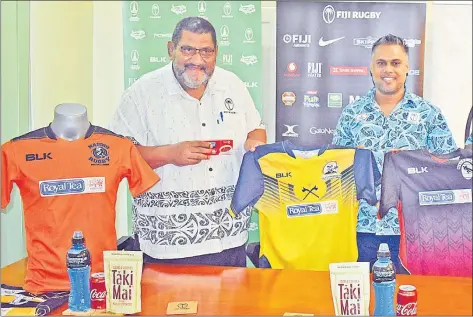  ?? Picture: JONACANI LALAKOBAU ?? Fiji Rugby Union chief executive officer John O’Connor, left, and CJ Patel Group marketing manager Ashwin Prasad during the launch of the Ranadi Cup competitio­n at the Fiji Rugby Union building in Suva last Thursday.