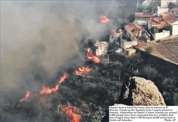  ?? Photo: AP ?? Flames from a forest fire burn close to houses in El Rincon, Tejeda on the Spanish Gran Canaria island on Sunday. Authoritie­s on Spain's Canary Islands say around 5,000 people have been evacuated due to a wildfire that has ravaged more than 1,700 hectares (4,200 acres) since it broke out Saturday.