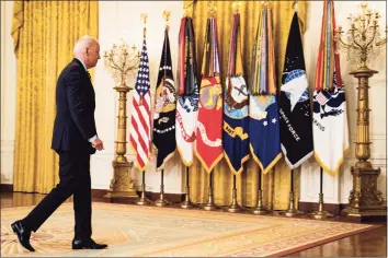  ?? Demetrius Freeman / The Washington Post ?? President Joe Biden leaves the East Room after delivering remarks on the Afghanista­n drawdown last week.