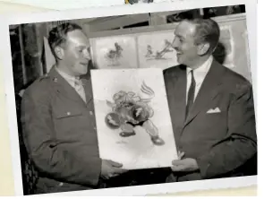  ??  ?? Bottom: Walt Disney presenting his “Boxing Bulldog” drawing to Sgt. Seymour Pine USAAF in April 1943, for
use as the 62nd Fighter Squadron emblem.