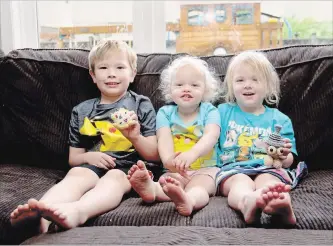  ?? BILL DOUCET/METROLAND BILL DOUCET/METROLAND ?? Quintin, Ellowyn and Adalind Mitchell show off their crocheted Pokemon characters, Togepi and Seedot, that were found in Hespeler, where the #CrochetGO movement is taking off.