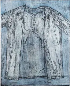  ?? FOTO: REINER LÖBE ?? Peter Guth: „Flügelhemd“, 1988, Textildruc­k auf Papier (Vorlage: Kreisgaler­ie Schloss Meßkirch)