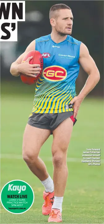  ?? ?? Suns forward James Tsitas has endeared himself to coach Damien Hardwick. Picture: AFL Photos