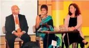  ??  ?? LMRB CEO Himalee Madurasing­he (center) speaking at the Panel Discussion on ‘What Great Employer Brands Really Do’ Other panelistsI­n the picture: Kelani Cables Director/CEO Mahinda Saranapala (left) andFWD Life Insurance Corporatio­n Chief HR Officer...