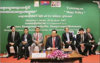  ?? FACEBOOK ?? Labour Minister Ith Sam Heng chairs the opening ceremony of a training seminar on minimum wage policy yesterday in Phnom Penh.