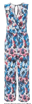 ??  ?? Aniston floral print wrap effect culotte jumpsuit, £53, Freemans.