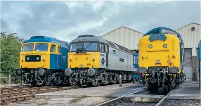  ?? ?? Class 47s Nos. 47105 and 47376 line up alongside visiting Deltic No. 55019 Royal Highland Fusilier with its ‘Flying Scotsman’ headboard outside Toddington shed. JACK BOSKETT