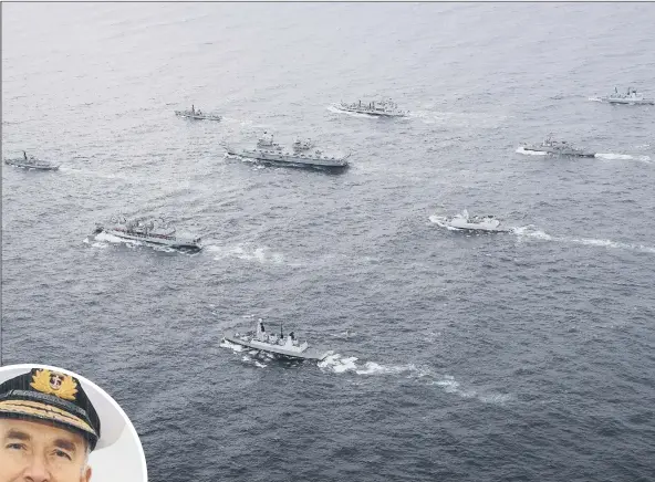  ?? Pictures: Royal Navy / LPhot Belinda Alker ?? FEARSOME The new full UK carrier strike force assembled for the first time. Aircraft carrier HMS Queen Elizabeth leads a flotilla of destroyers and frigates from the UK, US and the Netherland­s, together with two Royal Fleet Auxiliarie­s. Inset left: former First Sea Lord Admiral Lord Alan West