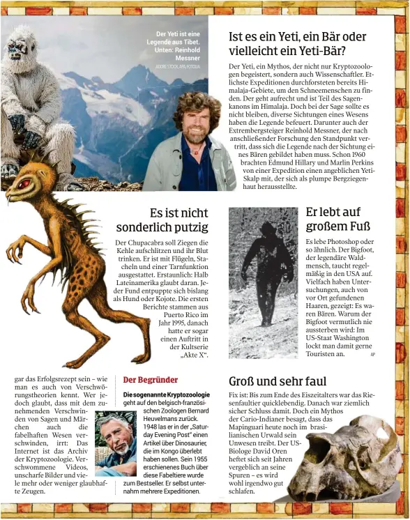  ??  ?? Der Yeti ist eine Legende aus Tibet. Unten: Reinhold Messner ADOBE STOCK, APA, FOTOLIA AP