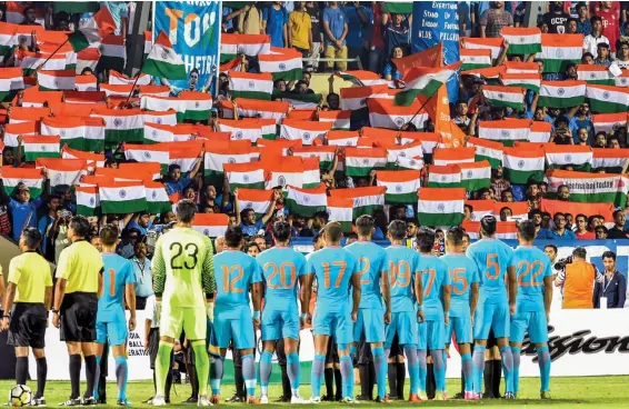  ?? — PTI ?? The Indian football team ahead of their match against Kenya in the Hero Interconti­nental Cup in Mumbai on Monday.