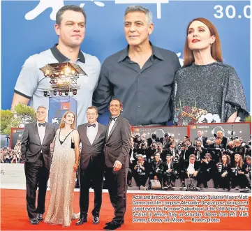  ??  ?? Actor and director George Clooney, actors Julianne Moore, Matt Damon and film composer Alexandre Desplat pose during a red carpet event for the movie ‘Suburbicon’ at the 74th Venice Film Festival in Venice, Italy on Saturday. (Above from left) Matt...