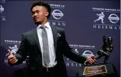  ?? ASSOCIATED PRESS ?? IN THIS DEC. 8, 2018, FILE PHOTO, Oklahoma quarterbac­k Kyler Murray holds the Heisman Trophy after winning the award in New York.