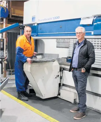  ??  ?? Terry Webber with Geoff Easton at the V1300 Press Brake where Terry works.