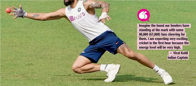  ??  ?? Virat Kohli goes for a catch during a training session on Thursday, the eve of the first pink-ball Day/Night Test match against Bangladesh at the Eden Gardens in Kolkata. — PTI