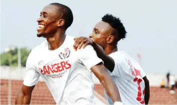  ??  ?? Enugu Rangers’ Godwin Aguda and Ajani Ibrahim celebratin­g a goal in one of their recent matches. The Flying Antelopes defeated Wikki Tourists 2-1 in an NPFL match…yesterday. PHOTO: RANGERSMED­IA