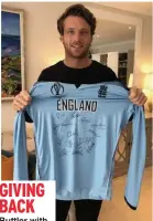  ??  ?? GIVING BACK Buttler with signed shirt and, below, helping wife Louise demonstrat­e yoga
