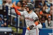  ?? Chris O'Meara/Associated Press ?? Second baseman Thairo Estrada ended the Giants’ homerless streak with a fourth-inning blast Saturday.