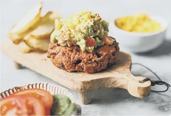  ??  ?? Guactastic Bean Burgers – Mexican bean burger with guacamole and wedges is fibre rich
