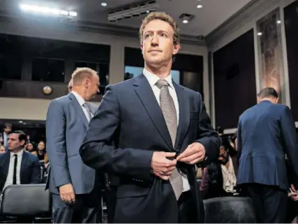  ?? K. N. (BLOOMBERG) ?? Mark Zuckerberg, fundador de Meta, durante su comparecen­cia en el Senado de EE UU, en enero.