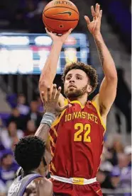  ?? Ron Jenkins/Associated Press ?? Iowa State’s Gabe Kalscheur, who made the game-winning 3, shoots against Damion Baugh.