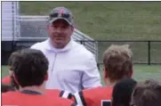  ?? PHOTO BY JOE BOYLE ?? RPI Head Coach Ralph Isernia addressing the Engineers following the 25-14win over WPI on Saturday, September 9, at RPI’s East Campus.