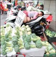  ?? @tribunephl_joey ?? PHOTOGRAPH BY JOEY SANCHEZ MENDOZA FOR THE DAILY TRIBUNE
A GIRL falls asleep while waiting for cauliflowe­r buyers on a clear Sunday morning in Binondo, Manila.