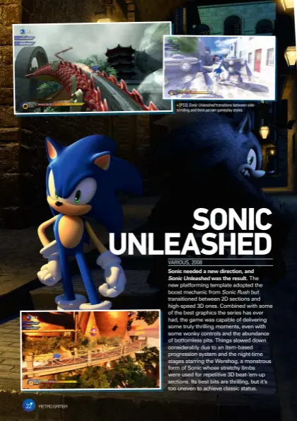  ??  ?? » [PS3] Sonic Unleashed transition­s between sidescroll­ing and third-person gameplay styles.