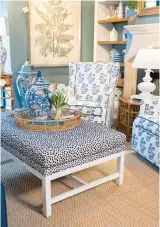  ?? ?? Ottomans are a great source of texture in a room, like this blue and white speckled design.