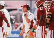  ?? Jeffrey McWhorter / Associated Press ?? Oklahoma coach Brent Venables shouts to his players during a timeout in the first half against Texas on Saturday at the Cotton Bowl in Dallas.