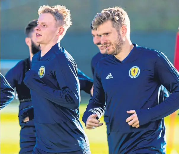  ?? Picture: SNS. ?? Scotland’s Ryan Christie, Gary-Mackay Stevens and Stuart Armstrong training in Edinburgh.