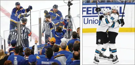  ?? GETTY IMAGES PHOTOS ?? NHL officials Matt MacPherson (83), Dan O’Rourke (9) and Jonny Murray discuss a possible hand pass that would have negated the gamewinnin­g overtime goal by Erik Karlsson of the San Jose Sharks against the St. Louis Blues in Game 3 of last season’s Western Conference Finals. The goal stood. Karlsson (65) celebrates with teammate Gustav Nyquist after the controvers­ial goal.