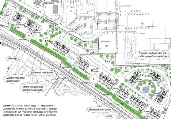  ?? Bild: CONTEKTON ARKITEKTER FYRSTAD AB ?? VISION. Så här kan Niklasberg 14 i Hagaparken i Vänersborg komma att se ut i framtiden. Förslaget till detaljplan ger möjlighet att bygga över hundra lägenheter och de högsta husen kan bli 26 meter.