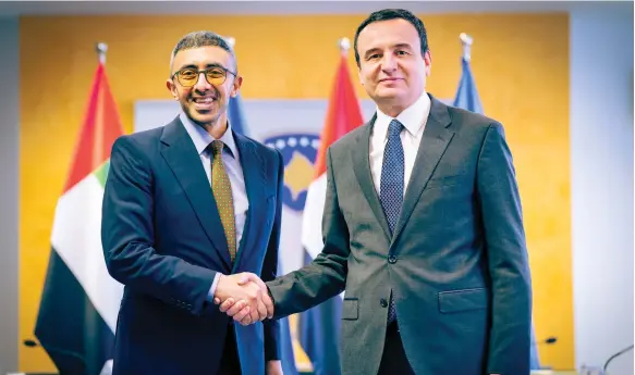  ?? Wam ?? Sheikh Abdullah bin Zayed, Minister of Foreign Affairs and Internatio­nal Co-operation, with Albin Kurti, Prime Minister of the Republic of Kosovo, in Pristina